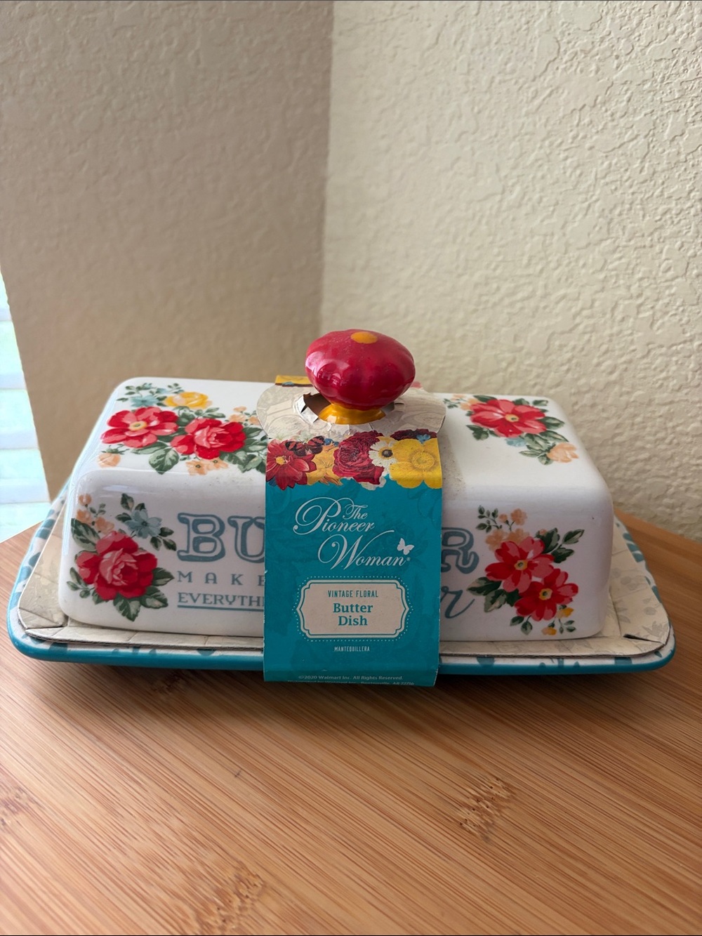 The Pioneer Woman White Butter Dish with Red and Yellow Floral Accents
